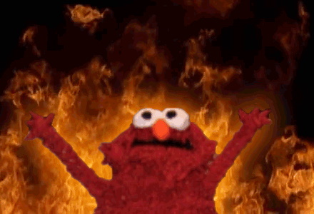Hellmo (Sesame Street's Elmo rising in front of flames)
