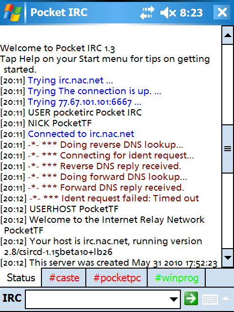 Pocket IRC screenshot in VGA on a Dell Axim X51v