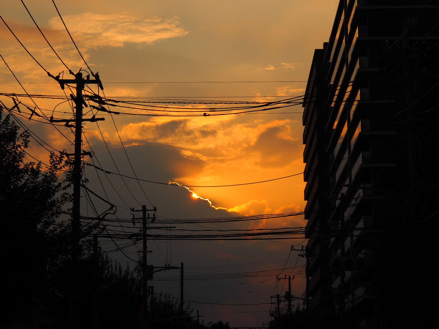 A sliver of an orange setting sun visible above the edge of a dark cloud, brightly highlighting only a thin line of the cloud along the edge. Trees and power poles on the left, and an high apartment building to the right all stand in silhouette.