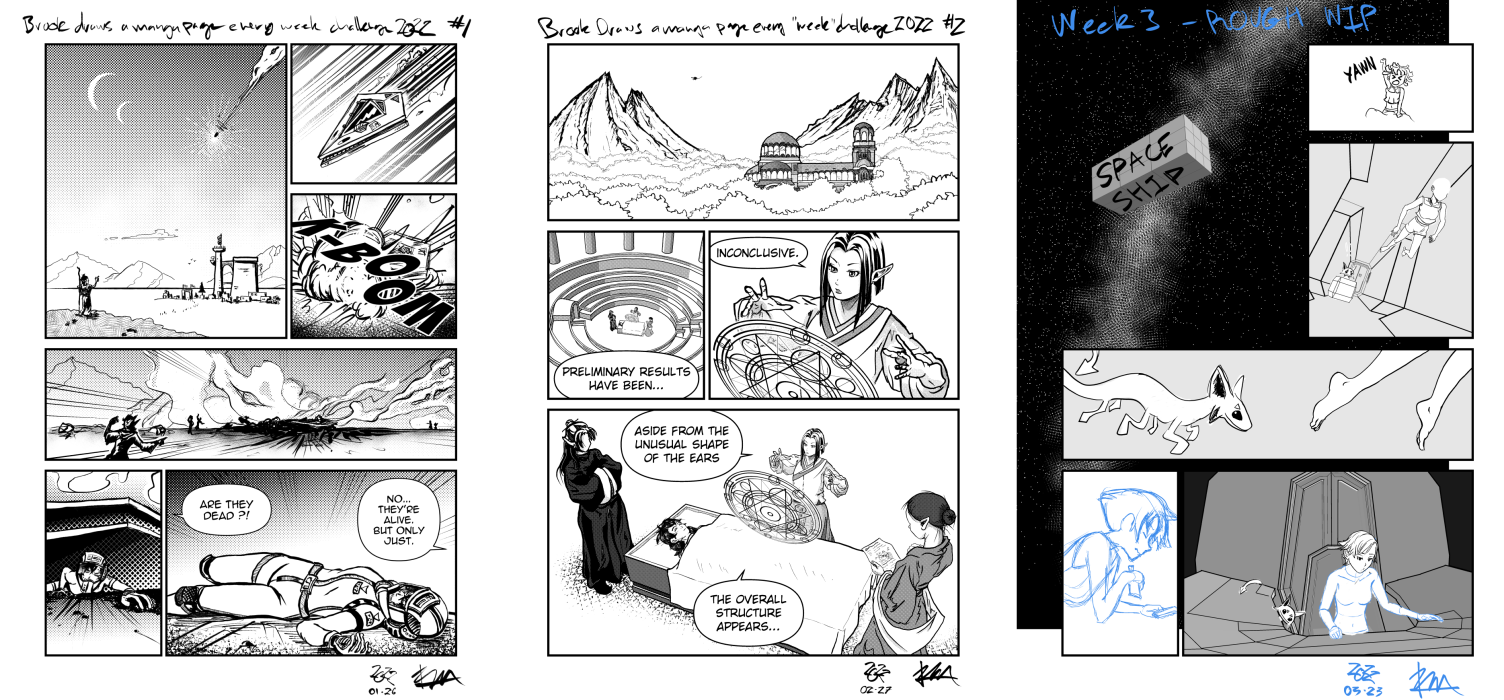 three manga page thumbnails, two complete and one draft