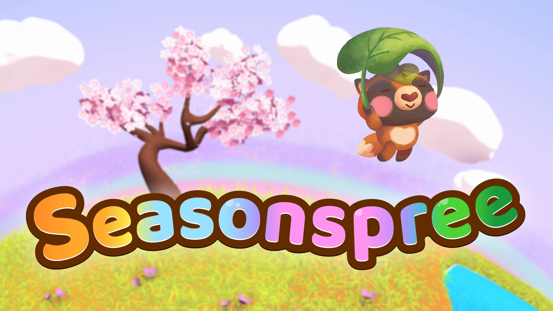 a vibrant title card for Seasonspree, a stylized tanuki character uses a large green leaf as a glider in a colourful world with purple sky, clouds, a cherry tree, pond and meadow below