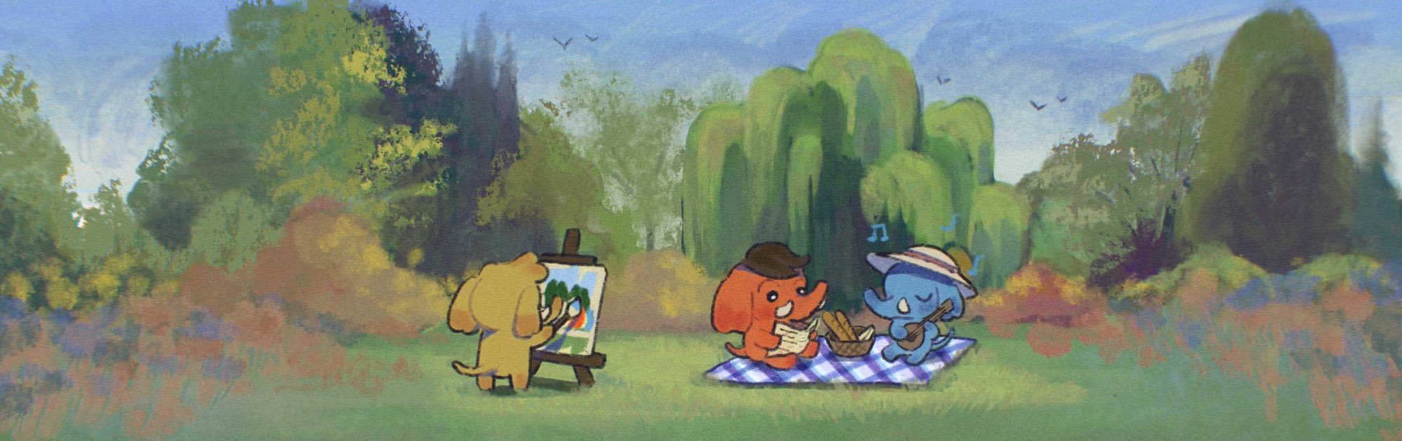 stylized digital painting of cartoon mastodons having a picnic in a garden, two sitting on a blanket reading and playing music, while a third paints the scene at an easel