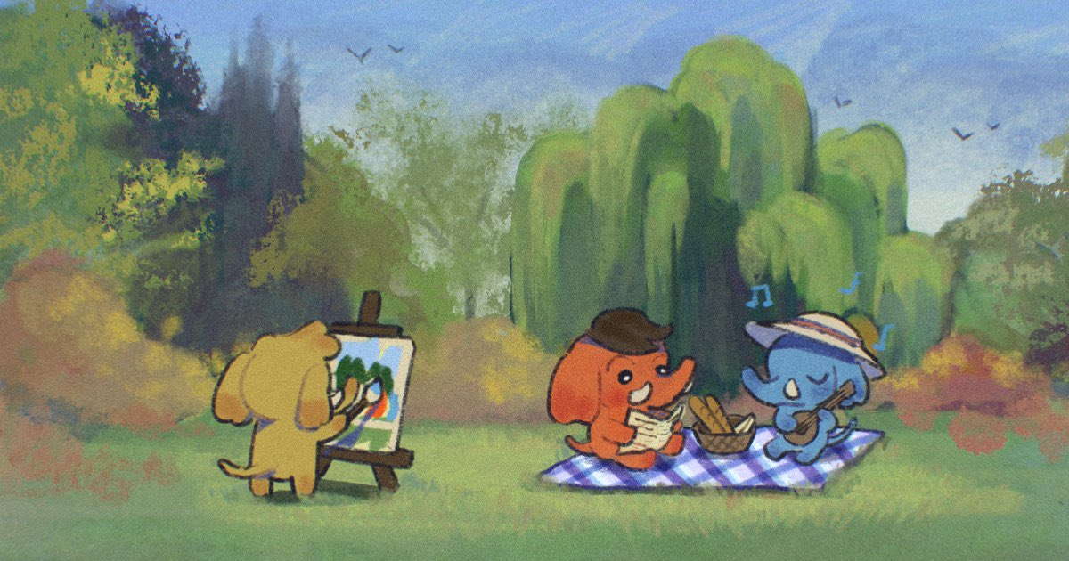 stylized digital painting of cartoon mastodons having a picnic in a garden, two sitting on a blanket reading and playing music, while a third paints the scene at an easel