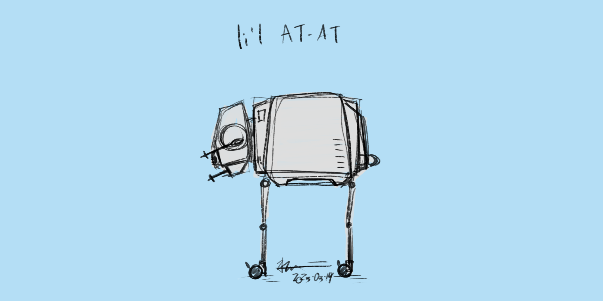Rough sketched cartoon of a Star Wars AT-AT Walker, with a pudgy body atop spindly legs. In place of regular walker feet, are plastic rollers with locking mechanism you typically find on office furniture.