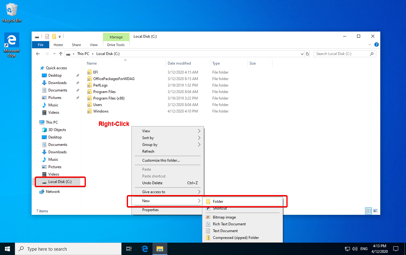 Left click on your C: drive and right click in the empty space on the right. Select New &gt; Folder.