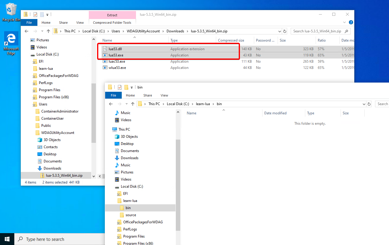 We only need the files lua53.exe and lua53.dll. Open a Windows Explorer folder to the bin folder we created as well, so you can drag the files over.