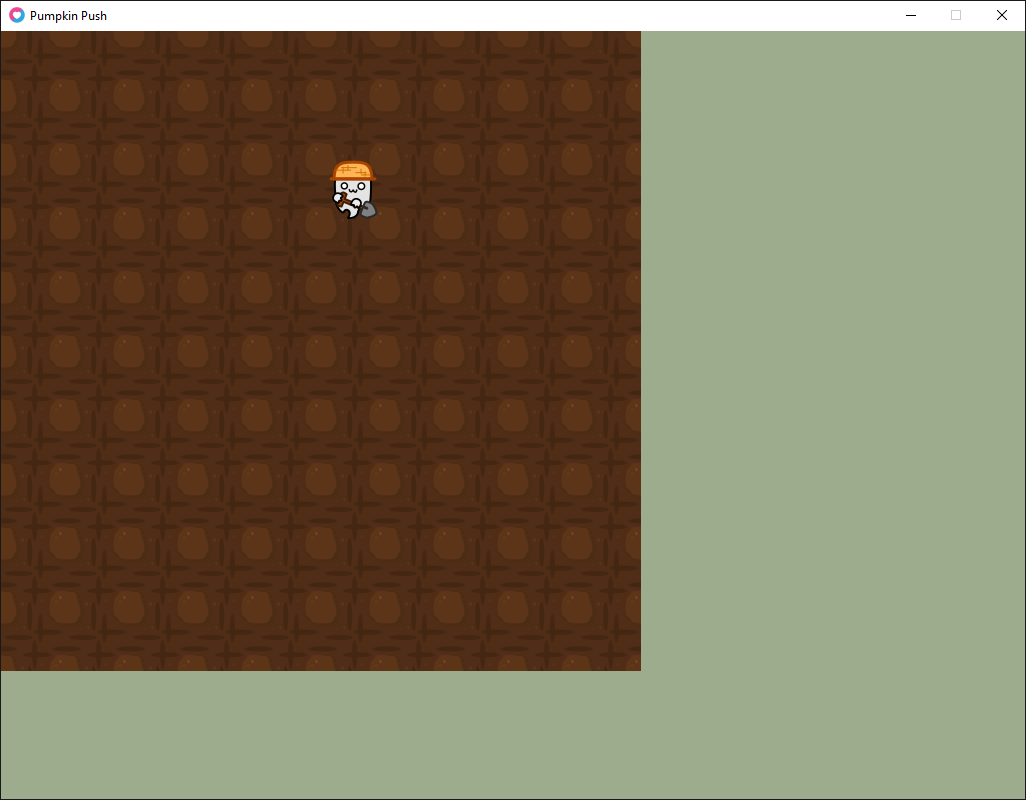 The Pumpkin Push game window so far. A 10 by 10 grid of dirt tiles, the ghost player character is standing slightly up and to the right of center.