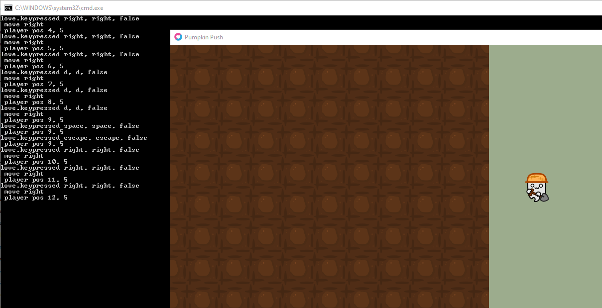 Console key pressed messages now say things like &ldquo;move right&rdquo;, and the player position. In the game window, the ghost character is off the right side of the dirt tile grid and is standing in empty green filled space